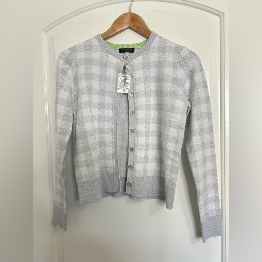 Forte Cashmere Gray Plaid Women's Sweater 100% Cotton size XS preppy NWOT